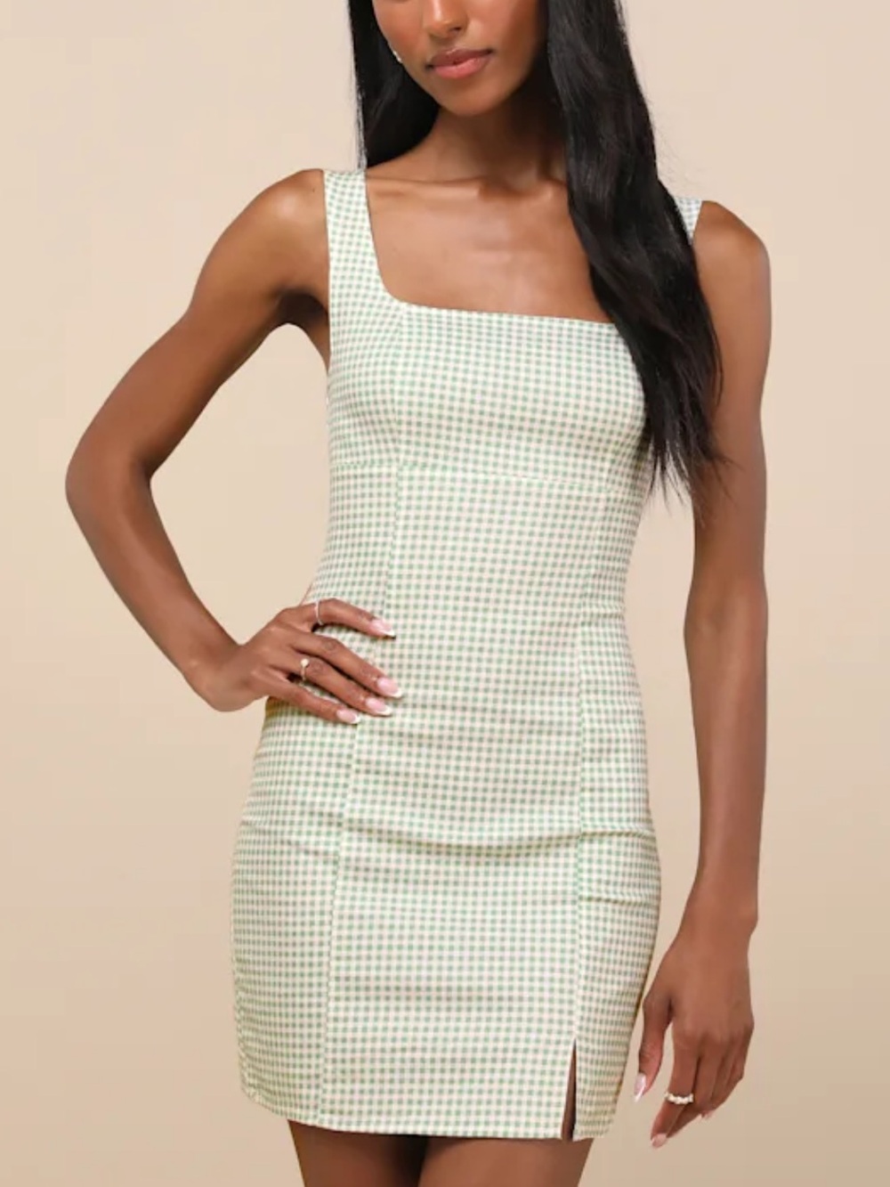 NWT Lulu’s Happy Chance Sage Green Gingham Square Neck Mini Dress, 3X